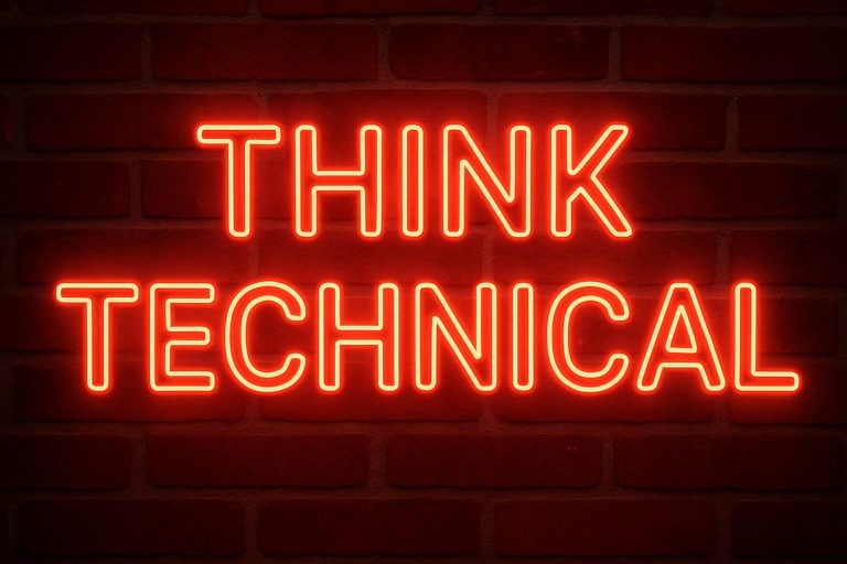 "Think Technical" als Neonschrift auf Backsteinwand