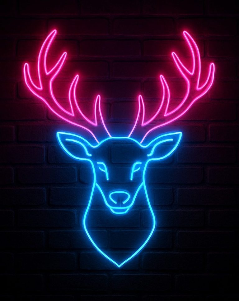 Ein Hirsch als Neonbild auf Backsteinwand