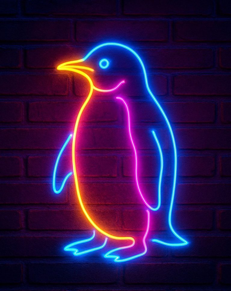 Ein Pinguin als Neonbild auf Backsteinwand