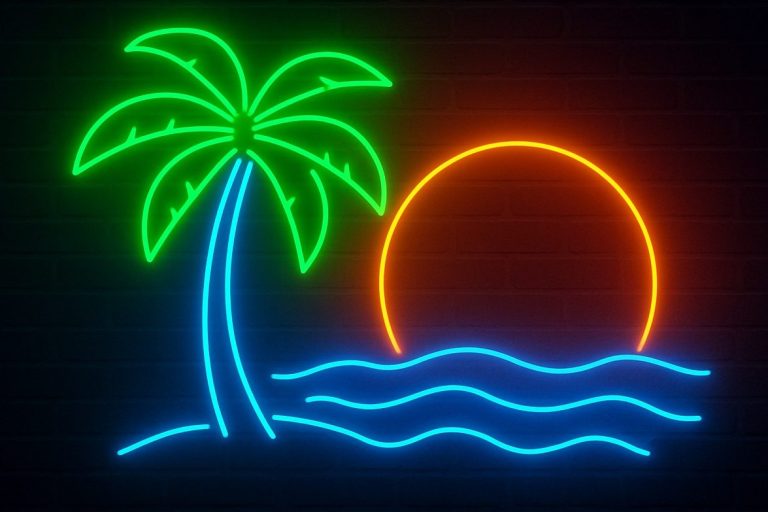 Palme mit Meer und Sonnenuntergang als Neonbild auf Backsteinwand